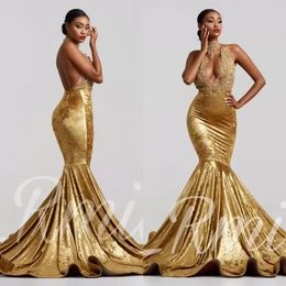 Orders Sexy High Neck Gold Velvet Mermaid Prom Dresses Backless Court Train See Through Lace Applique Evening Formal Gowns