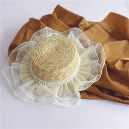 Wide Brim Hats Elegant White Lace Sun Hat For Women Girl Imitation Pearls Flat Beach Straw Outdoor Protection Panama CapWide Pros22