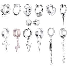 Clip-on & Screw Back Pcs Steel Stainless Non-Piercing Spike Rivet Cross Dangle Tassel Clip On Hoop Earrings Set For Women Men Boy GirlClip-o