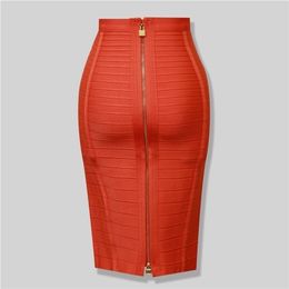 High Quality Black Red Blue Orange Zipper Bodycon Rayon Bandage Skirt Day Party Pencil 220401