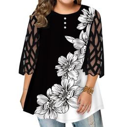 Women Plus Size TShirt Abstract Flower Print Big Yards Tops Spring Autumn Lace transparent Long Sleeve Ladies Street Hipster Tee 220708