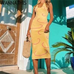 WannaThis Summer Cotton Bohemian Sleeveless Maxi Dress For Woman Backless Robe Sexy Halter Lace Up Chic Printing Aesthetic 220607