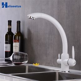 White Filtered Kitchen Faucet Brass Drinking Water Philtre Dual Handle Kitchen Swivel Purifier Faucet Torneira T200424