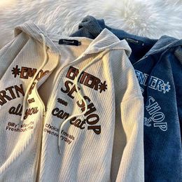 Corduroy Autumn Spring Hip Hop Zip Up Hoodies Women Hooded Jacket Vintage Letter Embroidered Y2k Hoodies Harajuku Pullover Y220725