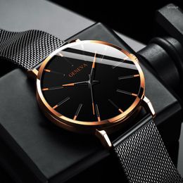 Wristwatches Mens Fashion Watches Luxury Ultra Thin Stainless Steel Mesh Strap Quartz Watch Rose Gold Men Gifts Reloj HombreWristwatches Hec