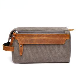 Men's Canvas Toiletry Bag Hanging Dopp Kit Geniune Leather Storage Pouch Water Resistant Sport Shaving Bag for Travel