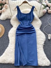-Vestidos informales Foamlina French Retro Blue Summer Mujeres Mujeres elegantes Cuerpo Cuerpo sin mangas Codercon Slim División Distadilla Dressescasu