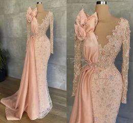 2022 Light Pink Evening Dresses Mermaid Jewel Neck Long Sleeves Lace Beaded Floor Length Custom Made Prom Party Ball Gown Formal Occasion Wear