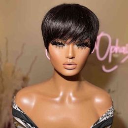 Short Pixie Cut Human Hair Wigs Machine Made Straight Remy Brazilian Wig for Black Women Glueless with Bangs 220609