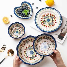 Dishes & Plates Retro Ceramic Bakeware Household Hand Painted Salad Plate Rice Bowl Binaural Baking Pan Kitchen Tableware Single Handle