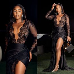 long white one handed dresses UK - 2022 Black Lace Evening Dresses Big V Neck Long Sleeves High Slit Women Party Prom Dressing Gowns Mermaid Plus Size B0503