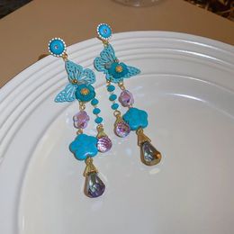 Dangle & Chandelier Korean Style Glass Flowers Drop Earrings For Women Long Tassel Water Drop Crystal Dangle Jewelry