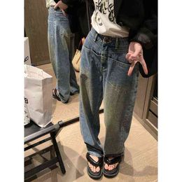 Women Blue Jeans Fashion Washed Denim Pants High Waist Loose Straight Wide Pipe Pants 90's Retro Chic Pants Street style L220726