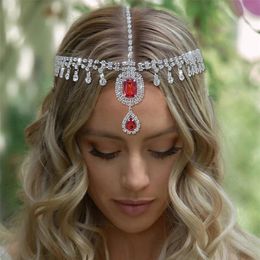 Wedding Bridal Red Crystal Headband Bohemia Indian Hairband Forehead Crown Tiara Princess Queen Headdress Ornament