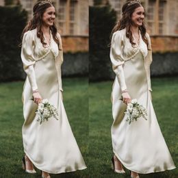 Crepe Modest boho Wedding Dress Long Sleeves 2022 vintage Silk Satin V-neck Simple Elegant Informal bridal gowns