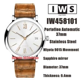 IWSF Top Quality Watches 37mm Stainless Steel Miyota 9015 Automatic Womens Watch 458101 Silver Dial Leather Strap Ladies Wristwatches