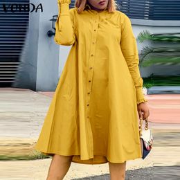 Women Midi Dress VONDA Casual Long Sleeve Vestido Vintage Solid Colour Lapel Collar Oversized Sundress Robe Femme 220521