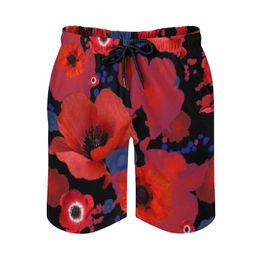 Men's Shorts The Poppies Men's Sports Short Beach Surfing Swimming Boxer Trunks Floral Flowers Red Black Blue Delicate SpringMen's