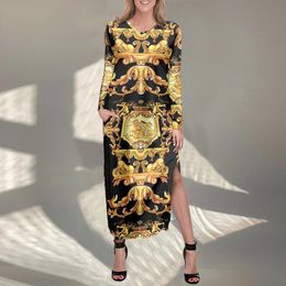 Noisydesigns Luxury Golden Europe Floral Women Long Sleeve Split Skirt Fashion Elegant Lady Sexy Dresses Autumn Winter 4XL 220627