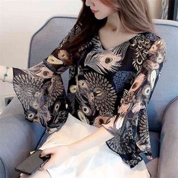 Spring Summer Women Shirt Flower Print Chiffon Tops Half Sleeve Peacock Ruffled V-Neck loose women blouses 660E5 210326