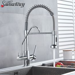 Modern Chrome Kitchen Faucet Rotatble Filter Pure Water Device Hot And Cold Water Mixer Spring Kitchen Tap Deck Installation T200805