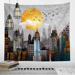 Sunset City Wall Carpet Abstract Map Mountain Landscape Hippie Boho Wall Decor Bedroom Room Decoration 3d Wall Hanging Blanket J220804