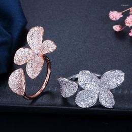 Wedding Rings CWWZircons Resizable Luxury Rose Gold Silver Colour Cubic Zirconia Flower Leaf Open Cuff Women Engagement Party Gift R130 Rita2