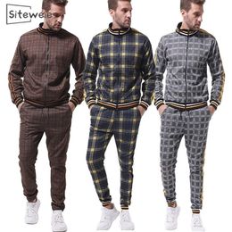 SITEWEIE 2 Piece Sets Fashion Men Clothes Casual Sportswear Men's Sets Sweatsuit Male Plaid Print Zipper Tracksuit Outfit L441 201128