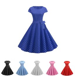 2022 Elegant Fashion Polka Dot Summer Dresses Womens Short Sleeve O-Neck Vintage Pinup Rockabilly Knee-Length Party Dress Casual Y220526