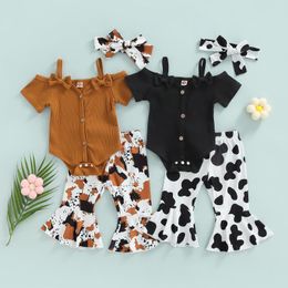 Clothing Sets 3Pcs Baby Girls Clothes 0-24M Bow Short Sleeve Button Jumpsuit Cow Printed Bell-bottomed Pants HeadwearClothing