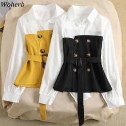 Woherb Fake Two Pieces Long Sleeve Patchwork Blouse Button Design Belt Elegant Shirts Female Asymmetric Fashion Tops Women 91700 210326