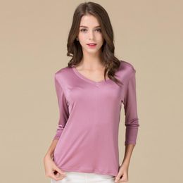 T-shirt pour femmes 80% de soie 20% Viscose V-Neck Woman Shirts 3/4 manche tricote de soie Tshirt 2022 Springfall Plus Taille T-shirts Tops pour