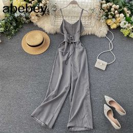 Vintage Sexy Plaid Print V Neck Jumpsuit Spaghetti Strap Summer Full Length Women Slim Waist Tie Playsuit Lace Up Romper 210715