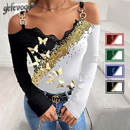 Autumn Bronzing Women T-Shirt Sexy Sling Lace Top Long Sleeve Lady Pullover Slim Off Shoulder Tee Streetwear 220511