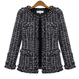 Womens Plaid Jacket Fashion Women Coats Autumn Winter Slim Black White Checkered Tweed Casual Lady Outerwear Plus Sze S-4XL