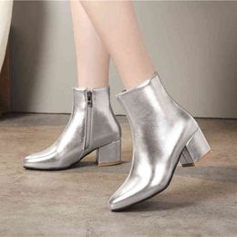 2022 New Ankle Boots Women Pointed Toe Chunky High Heel Boots Sliver Gold Mirror Metallic Women Pumps Female Sexy botas mujer Y220729