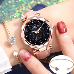 Wristwatches Bracelet Watch Set Luminous Starry Woman's Wristwatch Leather Belt Diamond Ladies Clock Fashion Female Watches Montre Femme