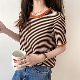 Vintage Japan Plus Size O Neck Short Sleeve Contrast Striped Tshirts Women Summer Bottom Tops Clothing Fashion Wild Tees Cotton 220321