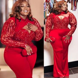 Plus Size Red Jumpsuit Evening Dresses Long Sleeves High Neck Beaded Lace Applique Floor Length Mermaid Custom Made Formal Prom Gown Vestidos