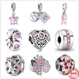 925 Sterling Silver Dangle Charm Pink Sparkling Row Clip Bead Fit Pandora Charms Bracelet DIY Jewellery Accessories