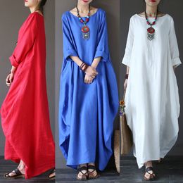2020 Summer new art Amazon Wish loose large size cotton and linen long dress on Sale