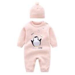 new winter newborn baby girl clothes Long sleeve cartoon penguin pink Woollen knitted sweater baby boy girl romper and hat set G220521