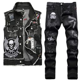 2022 Trainingsanzüge mit schwarzem Totenkopf-Stickerei, zweiteilige Jeans-Sets für Herren, modisch, lässig, Revers, Jeansweste und zerrissene Hosen, Punk-Conjuntos de hombres