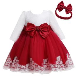 Girl's Dresses Fancy Winter Dress For Girl Long Sleeve White Baptism 1 Year Baby Birthday Toddler Lace Christening GownGirl's