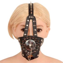 Nxy Sm Bondage Bdsm Pu Leather Mask Mouth Gag Restraints Slave Fetish Harness Strap Stainless Steel with Lid Sex Toys for Women 220423