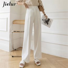 Jielur White Wide Leg Pants for Women High Waist Pockets Loose Workwear Office Lady Female Black Trousers S-XL Pantalon 220325