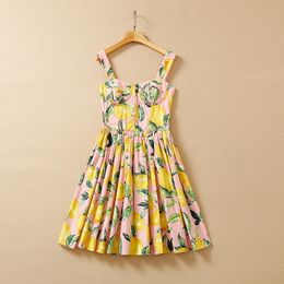 2022 Summer Spaghetti Strap Square Neck Pink Floral Lemon Print Panelled Knee-Length Dress Elegant Casual Dresses 22Q151632