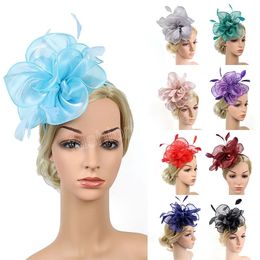 Fashion Women Organza Feather Headdress Cocktail Party Hat Fascinator Headpiece Hair Clip Wedding Bride Headband Accessories