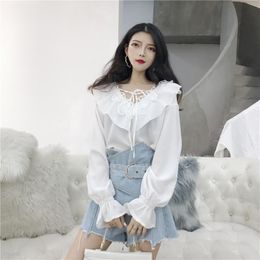 Women's Blouses & Shirts Korean Style Fashion Brands Women's Clothing Loose Ruffles Chiffon Female V-neck Tops Vestidos Femininos