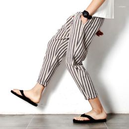 Cotton Linen Jogger Black Striped Men's Harem Pants Harajuku Fitness Lace Summer Thin Section 2022 Casual